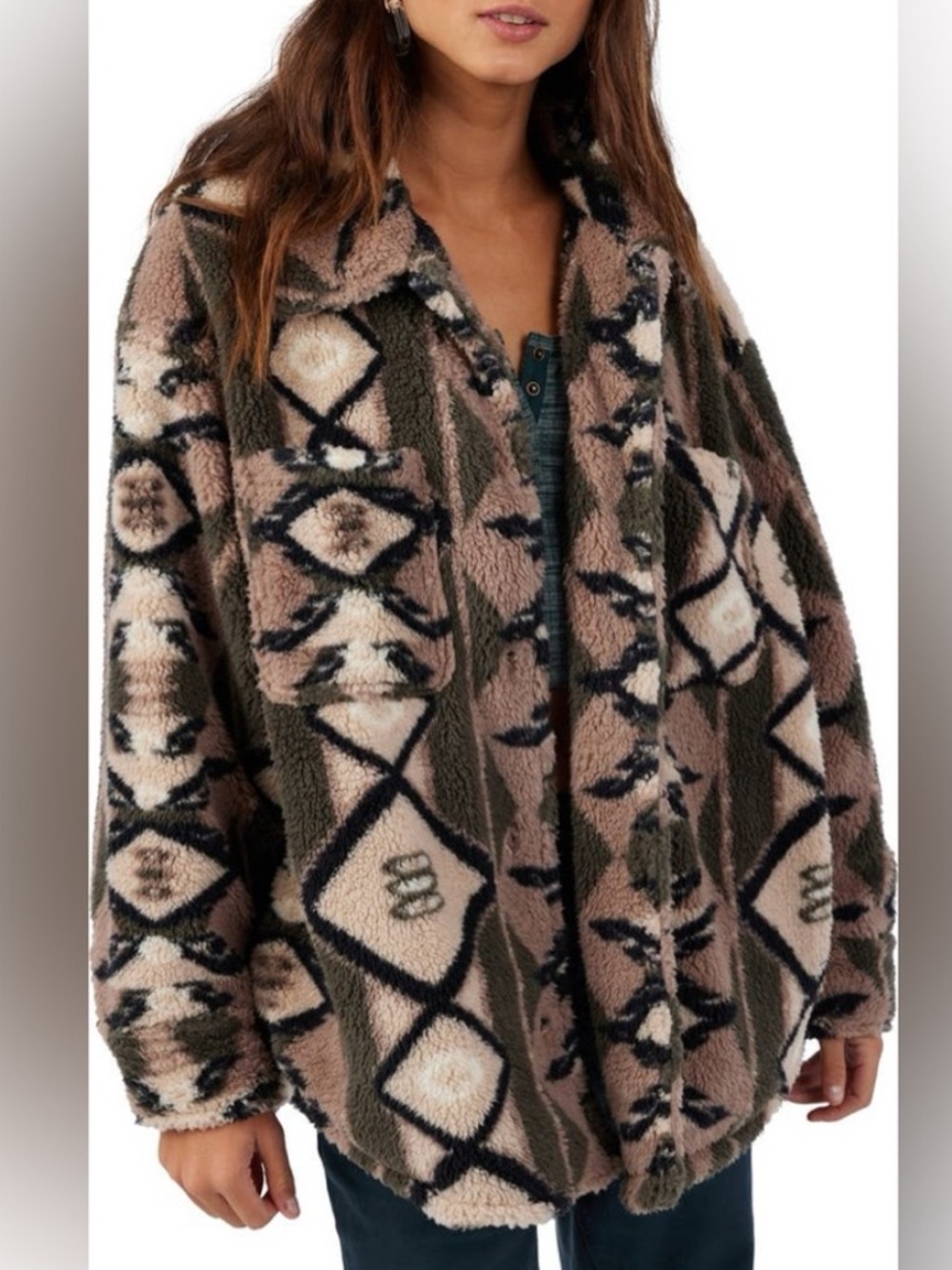 O'NEILL Heath Geo Print High Pile Fleece Jacket Oversized Cozy Button Shacket